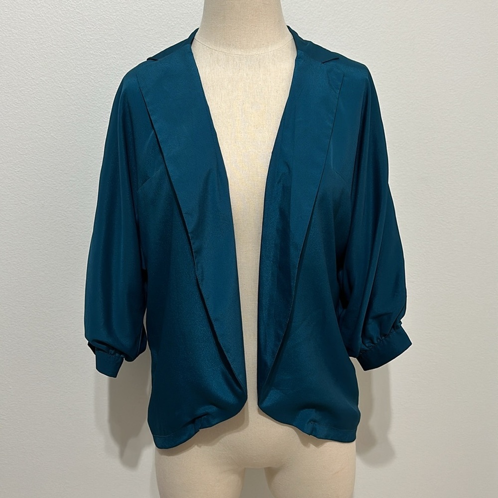 Love Notes Teal Satin Collared Short Sleeve Blazer Jacket - M